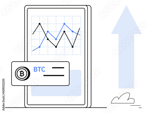 Smartphone displaying a BTC analysis chart with rising trends. Upward arrow and minimal design suggest growth themes. Ideal for finance, cryptocurrency, trading, investments, analytics, fintech