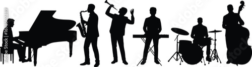 Silhouettes of jazz band musicians playing piano, saxophone, trumpet, keyboard, drums, double bass, live music performance, concert, musical instruments, entertainment