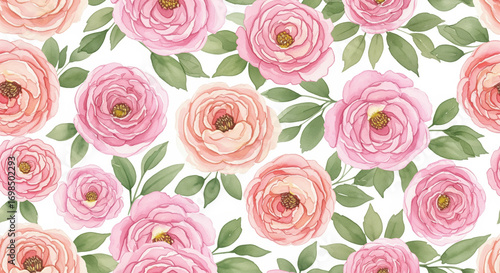 Seamless watercolor floral pattern showcasing soft pink and peach roses with verdant green leaves on a pristine white background.