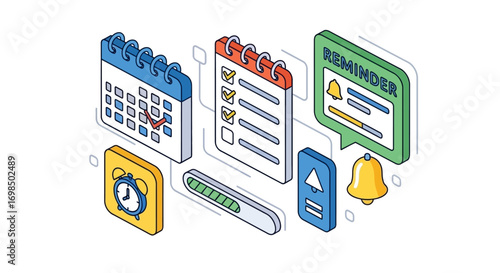 Isometric icons representing planning scheduling and reminders for effective time management.