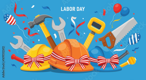 Labor Day celebration with construction tools and safety hard hats adorned with patriotic ribbons.