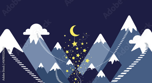 Magical illustration of a figure creating a cascade of stars under the crescent moon.