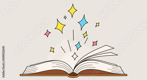 Magical open book with colorful sparkles representing knowledge.