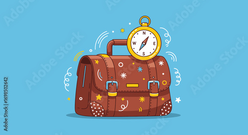 Magical vintage brown leather briefcase with a golden compass for travel and adventure.