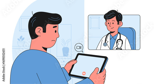 Man having a telemedicine video call with a doctor on a tablet.