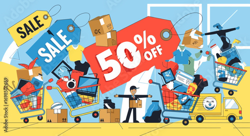 Massive Sale Event with Shopping Carts and Delivery Truck Full of Products.