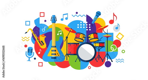 Musical instruments illustration with colorful design elements.