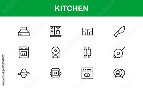 Outline kitchen icon pack for food preparation and dining. Enhance professional projects with clean, premium, and modern cooking visuals.