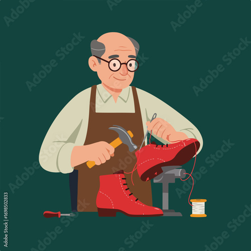 Cobbler repairs a red shoe