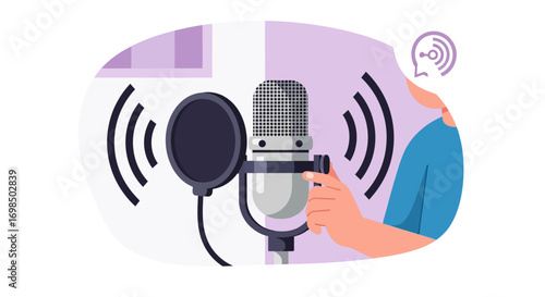 Person holding a professional studio microphone for recording audio.