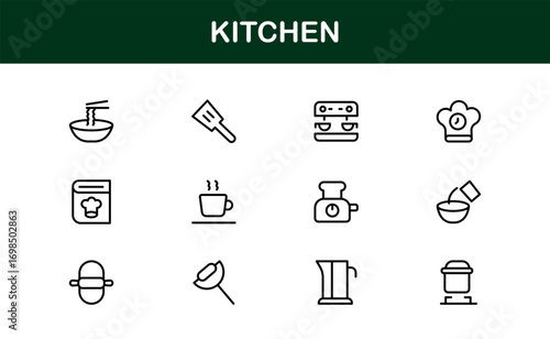 Linear kitchen icons for food, cooking, and recipe designs. Professional and premium set for apps, websites, branding, and culinary presentations.