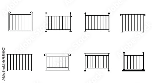 various styles of metal railings displayed in grid format