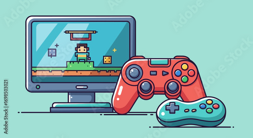 Red and Teal Game Controllers with Computer Monitor Displaying Pixelated Game.