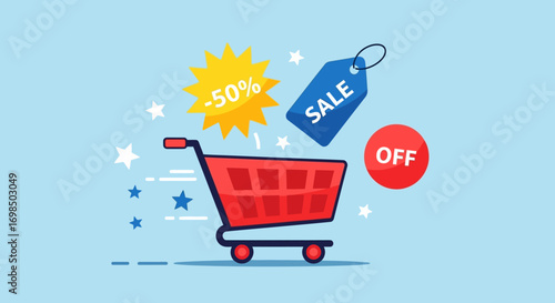 Shopping cart with sale and discount tags for retail promotions.