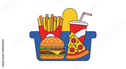 Shopping basket filled with various fast food items.
