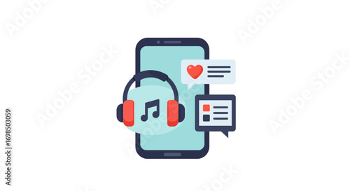 Smartphone displaying music app with headphones and social media integration.