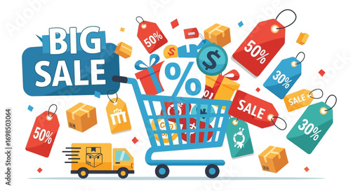 Shopping Cart Full of Presents and Sale Tags with Delivery Truck.