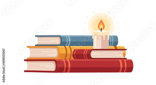 Stack of Books with Lit Candle.