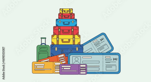 Stack of colorful luggage and travel tickets for vacation or business trips.