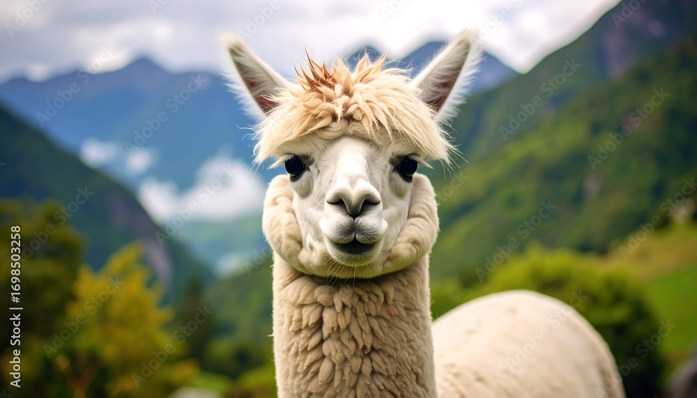 Obraz premium Portrait of a charming alpaca in a mountainous landscape evoking tranquility