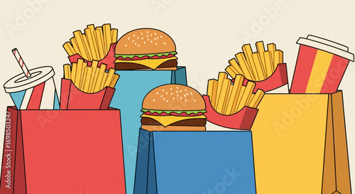Takeout order of burgers fries and soda in colorful paper bags.