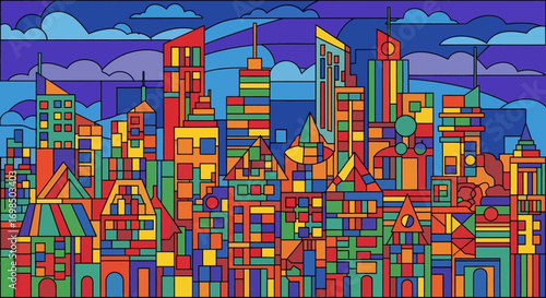 Vibrant Abstract Cityscape with Geometric Buildings and Colorful Architecture.