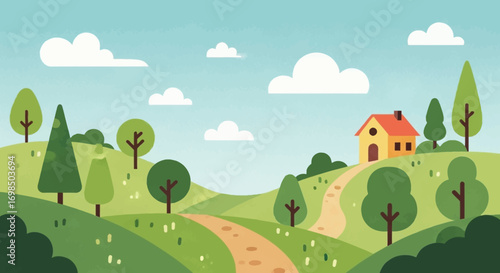 Yellow House on a Hilltop Landscape.
