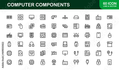 Minimal computer components icons for professional IT branding. Clean and premium graphics ideal for modern apps, websites, and technology presentations.
