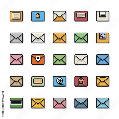 Colorful email icons set with various envelope designs and symbols, representing communication and messaging in playful and modern style