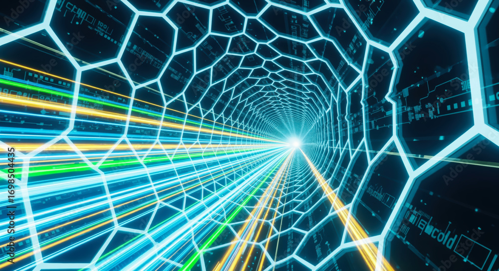 Fototapeta premium Visually striking depiction of rapid data transfer with dynamic light trails coursing through a futuristic hexagonal tunnel, symbolizing immense speed and connectivity.