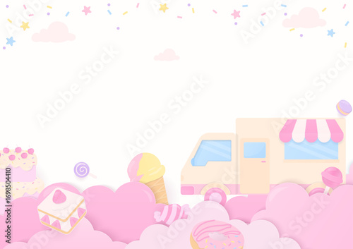 Food truck and pastel dessert background