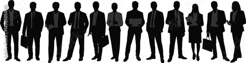 Silhouettes of diverse business professionals standing in a row, formal attire, teamwork, leadership, corporate environment, collaboration, success, office culture, confident poses