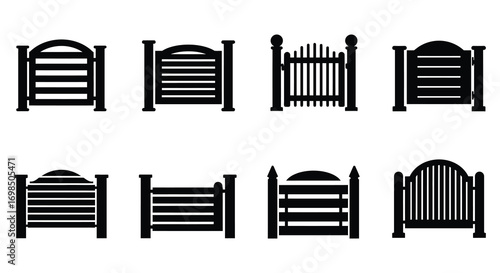 various styles of gates and fences shown in silhouette