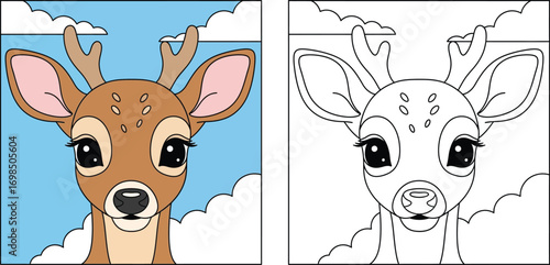 Adorable Cartoon Fawn Deer Face with Big Eyes and Antlers - Cute Animal Portrait Illustration