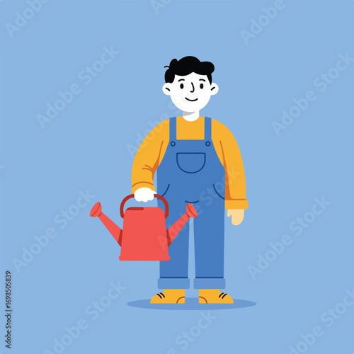Cartoon character gardener with watering can on blue background
