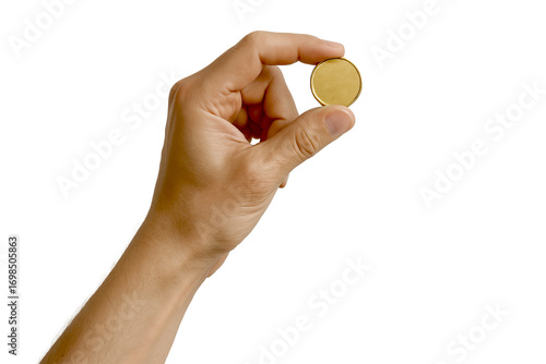 Hand holding a gold coin (cutout, transparent background)