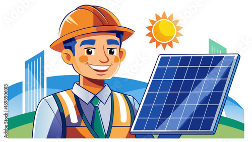 Close-up portrait of male renewable energy engineer holding a solar panel. Isolated white background highlights sustainability, progress, and clean power