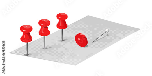 Pin set with shadow isolated on transparent background. Vector 3d red plastic pushpins, sewing needles or board tacks for paper notice.Set of plastic pushpins pins with shadow isolated on white backg
