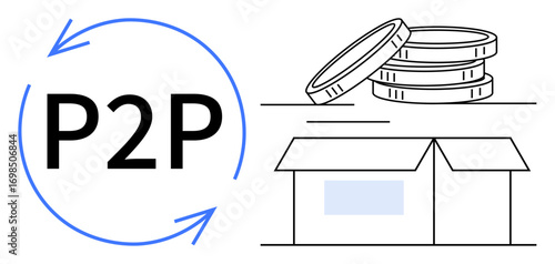 Circular arrows, stacked coins, and an open delivery box emphasizing direct exchange and transactions. Ideal for peer-to-peer trade, finance, e-commerce, logistics, sharing economy, crowdfunding