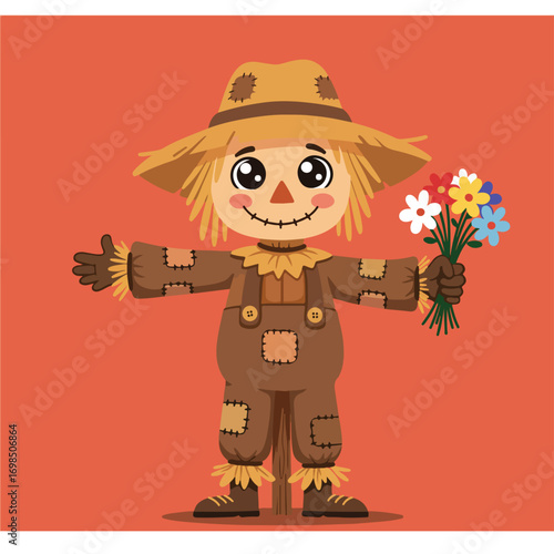 Cute scarecrow holding flowers