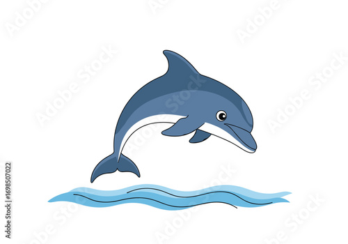 A playful blue dolphin leaps gracefully over the ocean waves on a sunny day