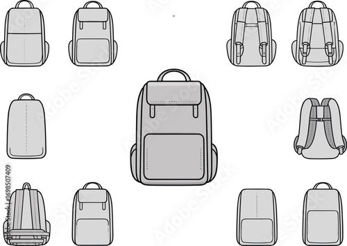 Technical CAD drawing illustration of front, back, side views of a backpack, detailed bag design, travel gear, product template, sketch