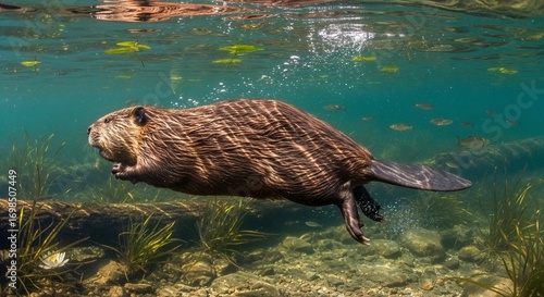 Beaver swimming underwater among aquatic plants and sunlight beams  