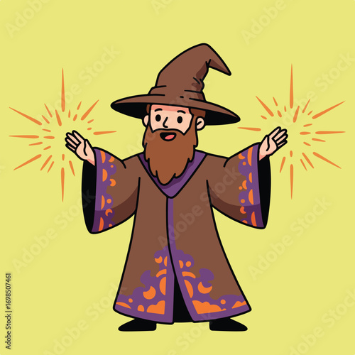 Cartoon wizard casting spells with brown cloak and hat