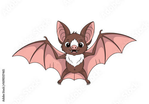 Adorable cartoon bat with wide open wings smiling happily
