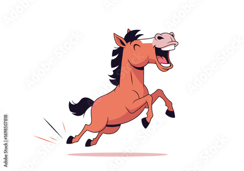 A cheerful horse jumps with joy and laughs out loud