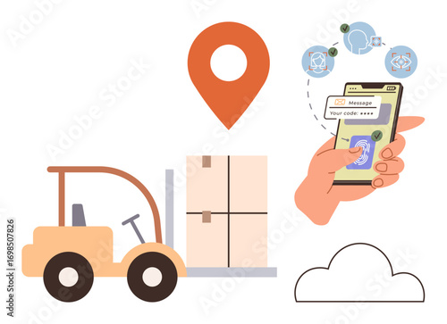 Forklift with boxes under geolocation pin, hand holding smartphone for tracking and codes. Ideal for logistics, shipment, delivery, inventory, supply chain, technology innovation in supply. Simple