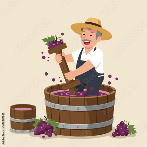 Old farmer treading grapes