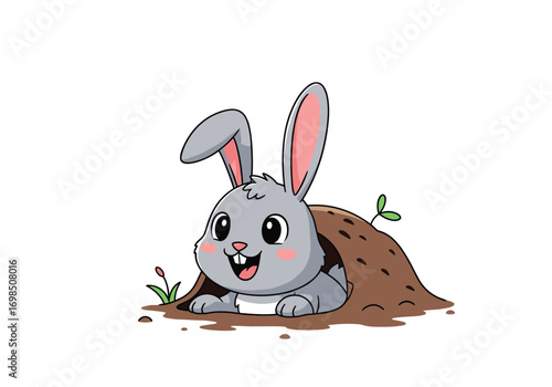 Cute cartoon bunny peeking out of its cozy burrow home surrounded by greenery