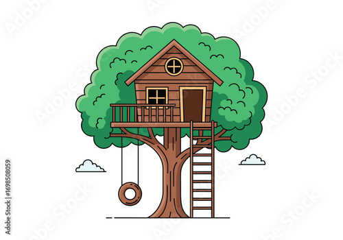 Cozy wooden treehouse with swings and ladder nestled in a lush green tree
